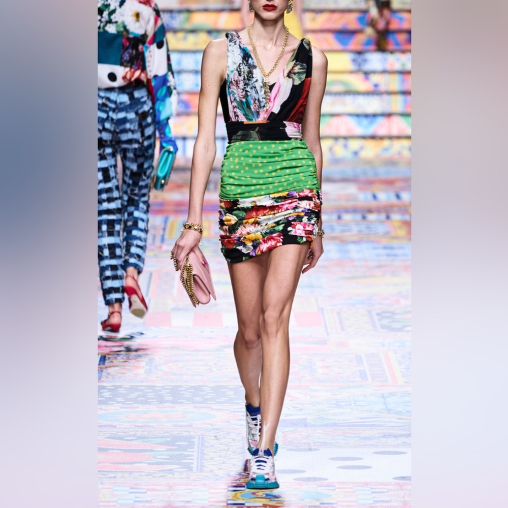Dolce & Gabbana Ruched Patchwork Stretch-Silk Mini Dress